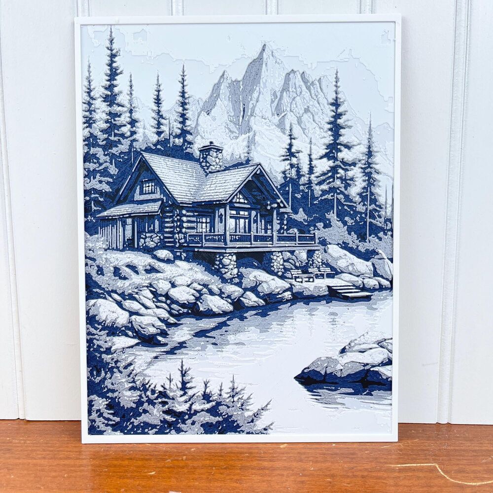 Lakeside Mountain Cabin Wall Art, 3D Printed Wall Art, House by the Lake